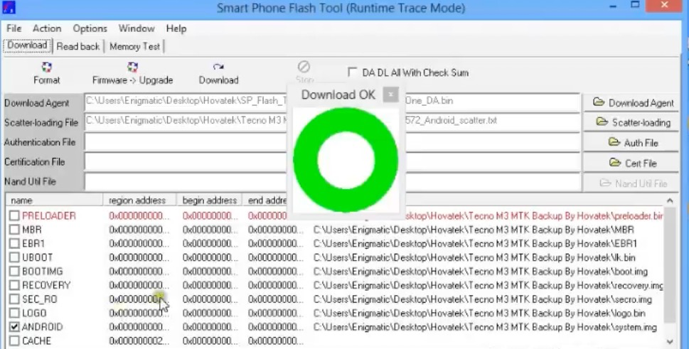 SP Flash Tool with a green checkmark circle