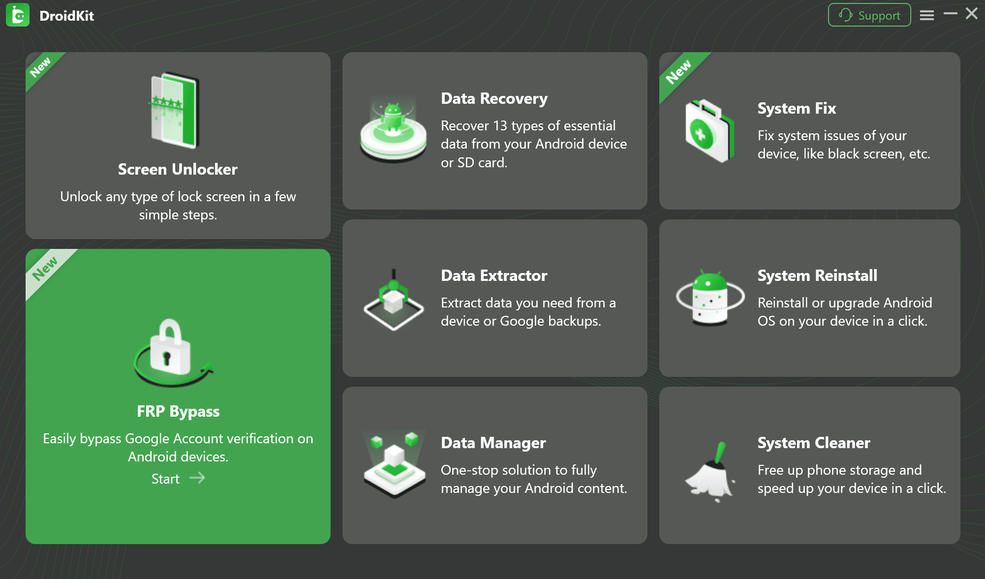 The main menu of DroidKit, showing various recovery and unlocking tools, with the FRP Bypass option clearly marked.
