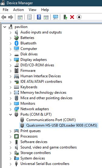 Windows Device Manager showing the correct USB drivers installed for an FRP bypass via EDL mode