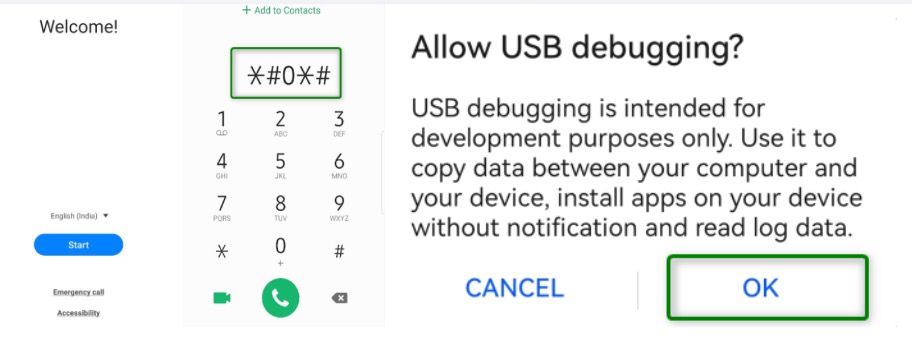 A Samsung Galaxy phone in diagnostic Test Mode, connected to a PC for an FRP bypass