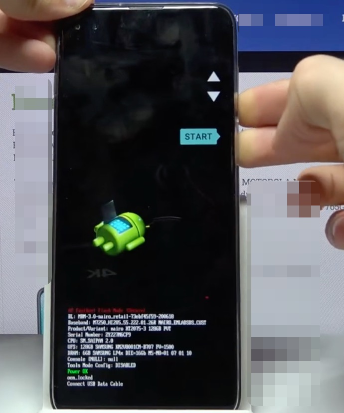 The fastboot screen on a Moto G Play showing how to find the exact model and software version to identify the correct FRP bypass method