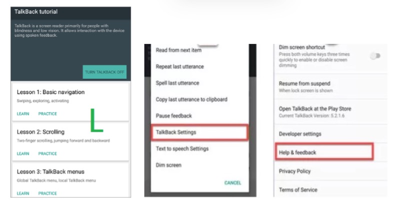 Step-by-step visuals for the Android TalkBack Help & Feedback FRP bypass method